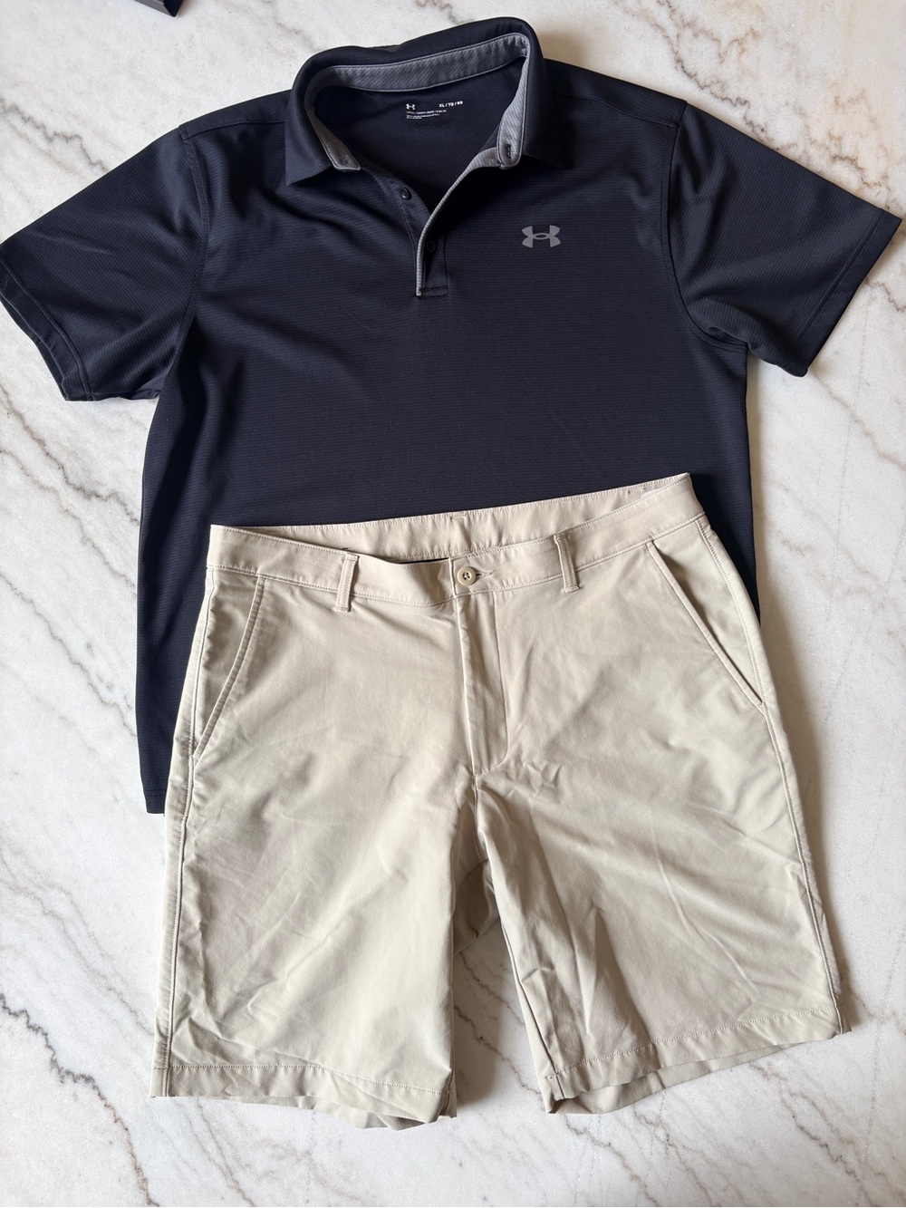 Under Armour Black Performance Polo and Tan Shorts